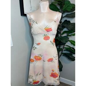 Newport News Slip Dress Cream Floral Mesh Vintage 90s Y2K Lettuce Hem Size 6